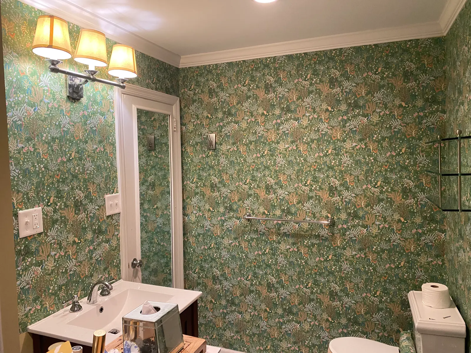 Room after bathroom wallpaper installation in Long Island, NY