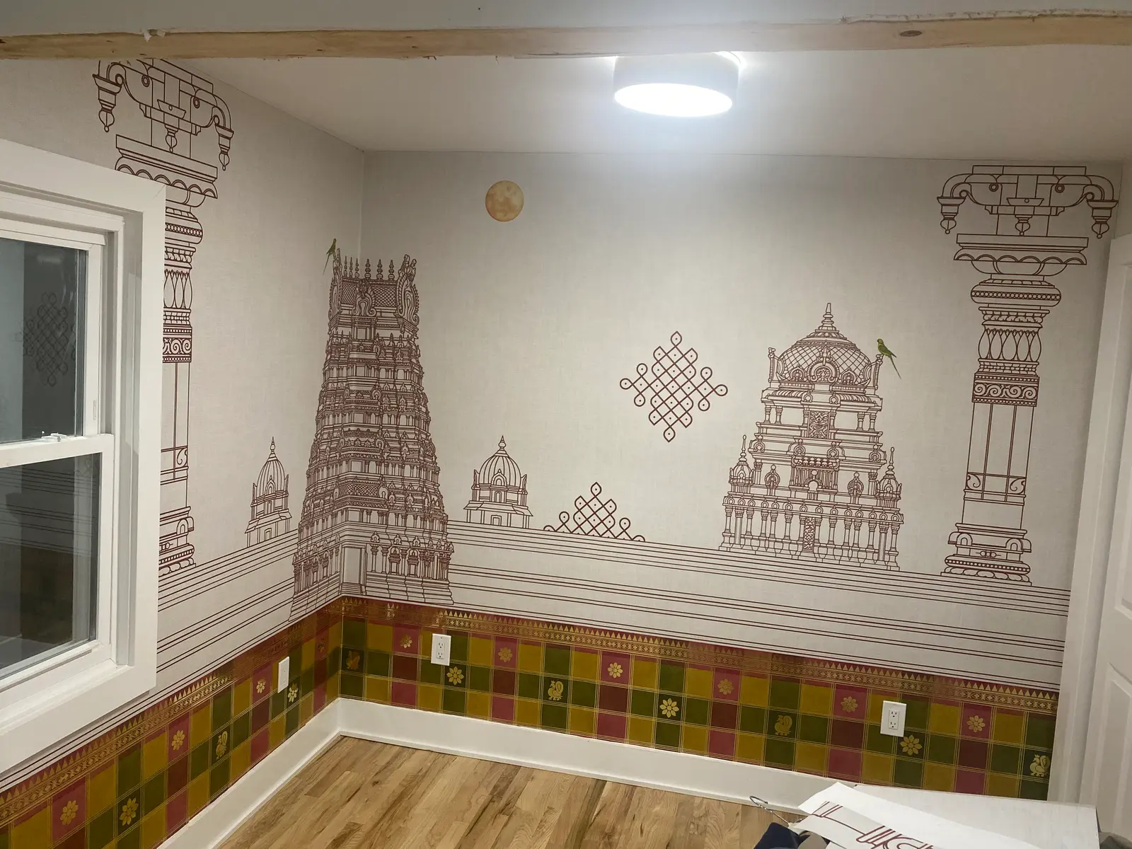hand-drawn temple mural with a tiled border in a Lyndhurst, NJ room