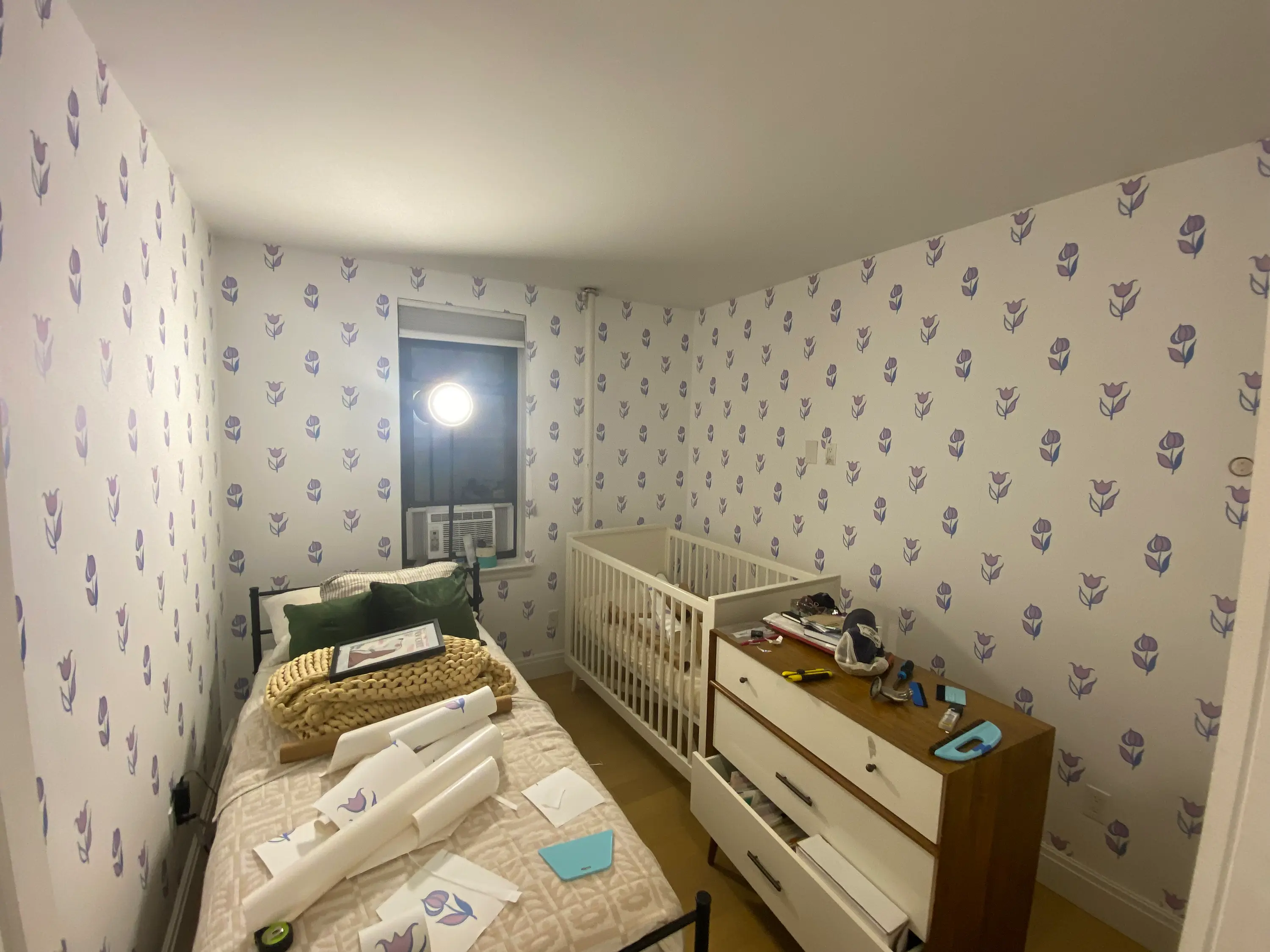 purple tulip wallpaper in an Upper Manhattan, NY nursery